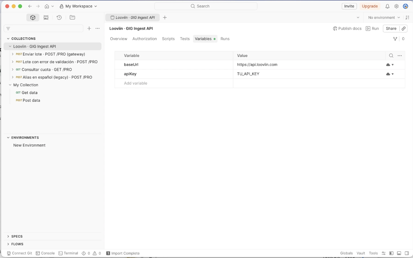 Postman · pestaña Variables con apiKey